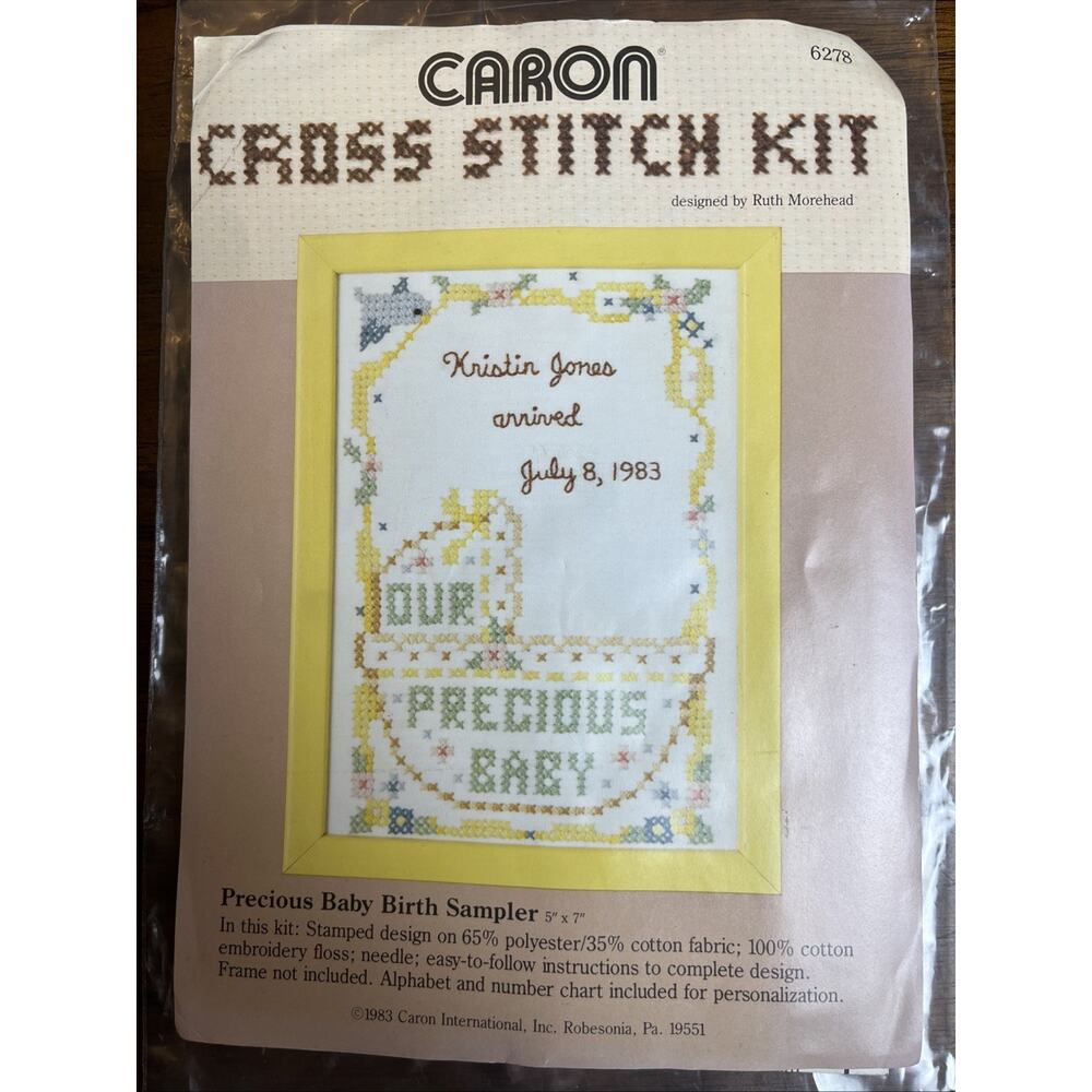 Vintage Caron Cross Stitch Kit Precious Baby Birth Sampler Nursery Gift 5”x7”